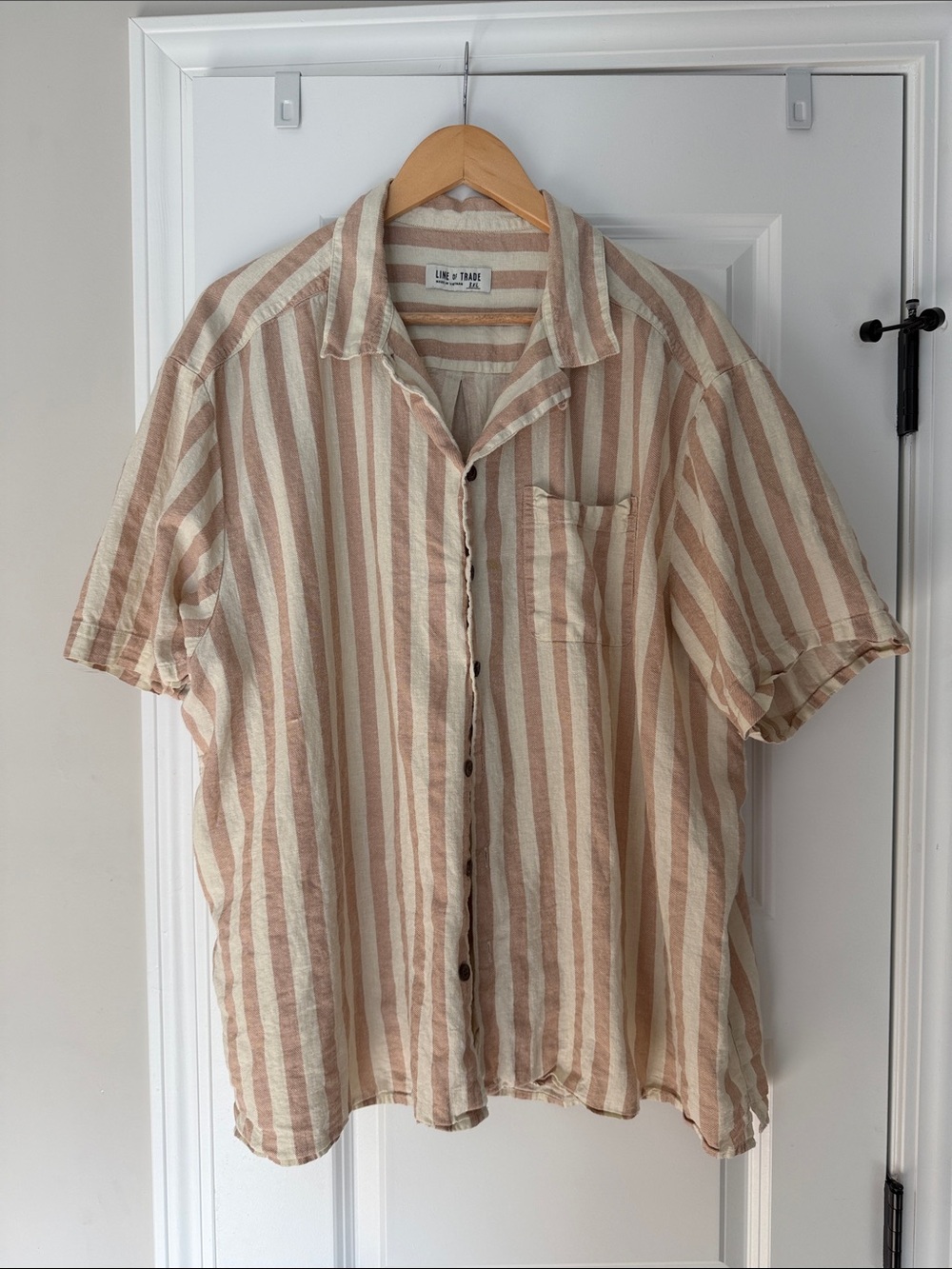 Casual Striped Short Sleeve Button-Down Shirt - Beige/White